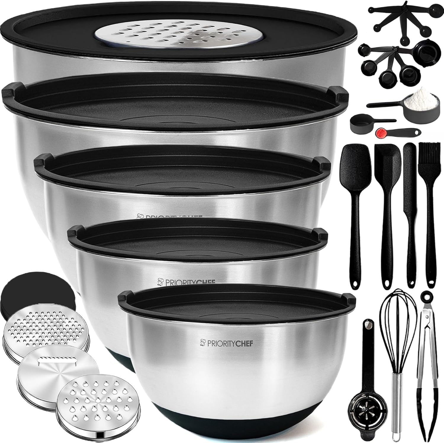 Priority Chef Stainless Steel Mixing Bowls Set - Airtight Lids, Non-Slip Base & Utensil Set | Black