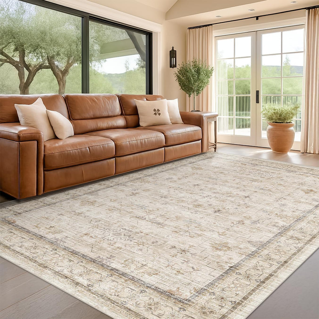 Regine Switzerland Farmhouse Area Rug - Soft Low Pile 7x10 | Non-Slip Rubber Backing, Light Beige Geometric Design