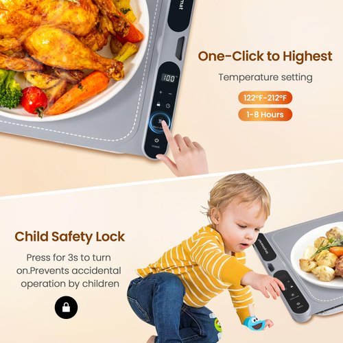 NYEONHRT Electric Warming Mat for Food Extra Large, Silicone Rollable Warming Tray - 8s Rapid Full Surface Heating | 7 Temp Settings | 8H Timer | Auto Shut-Off | Child Lock, for Buffet Party (XXL)