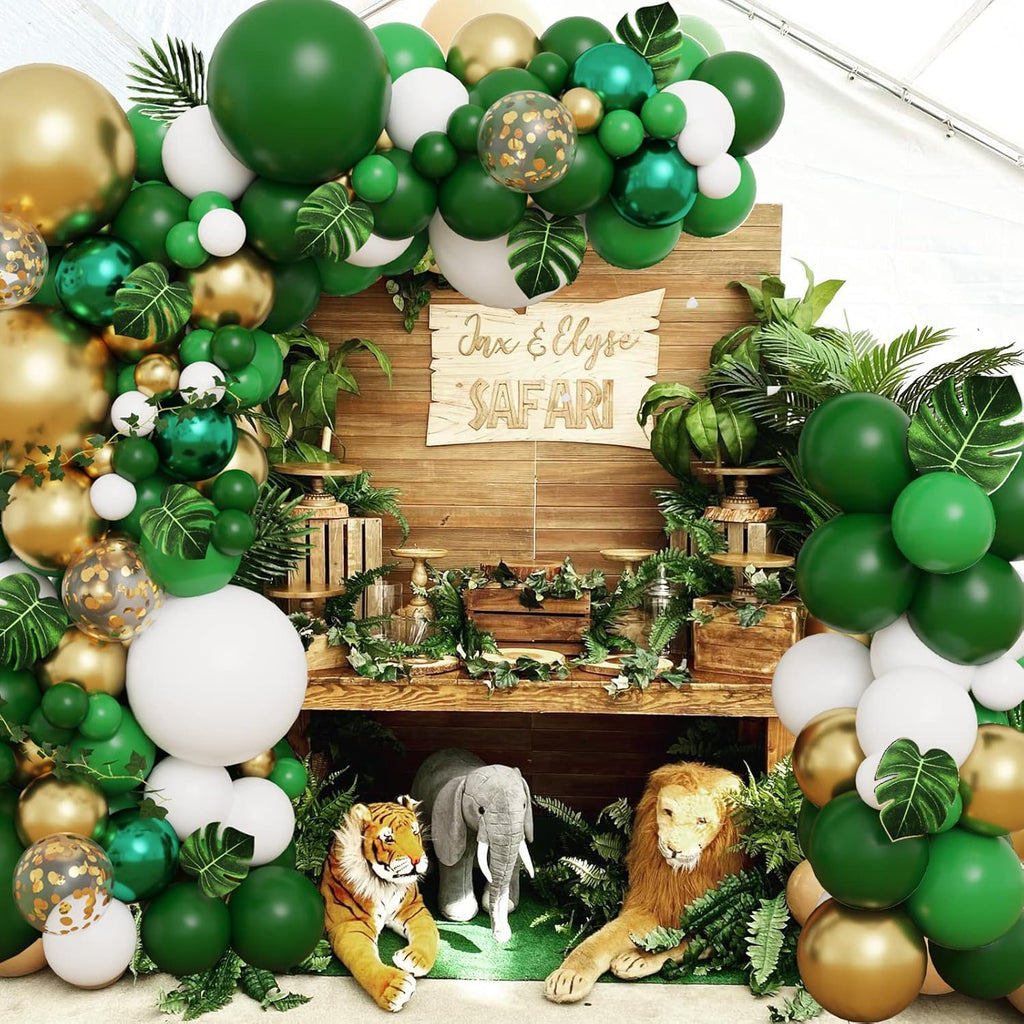 RUBFAC Jungle Balloons Garland Arch Kit - 152pcs Green & Gold Safari Decoration for Wild One Birthday
