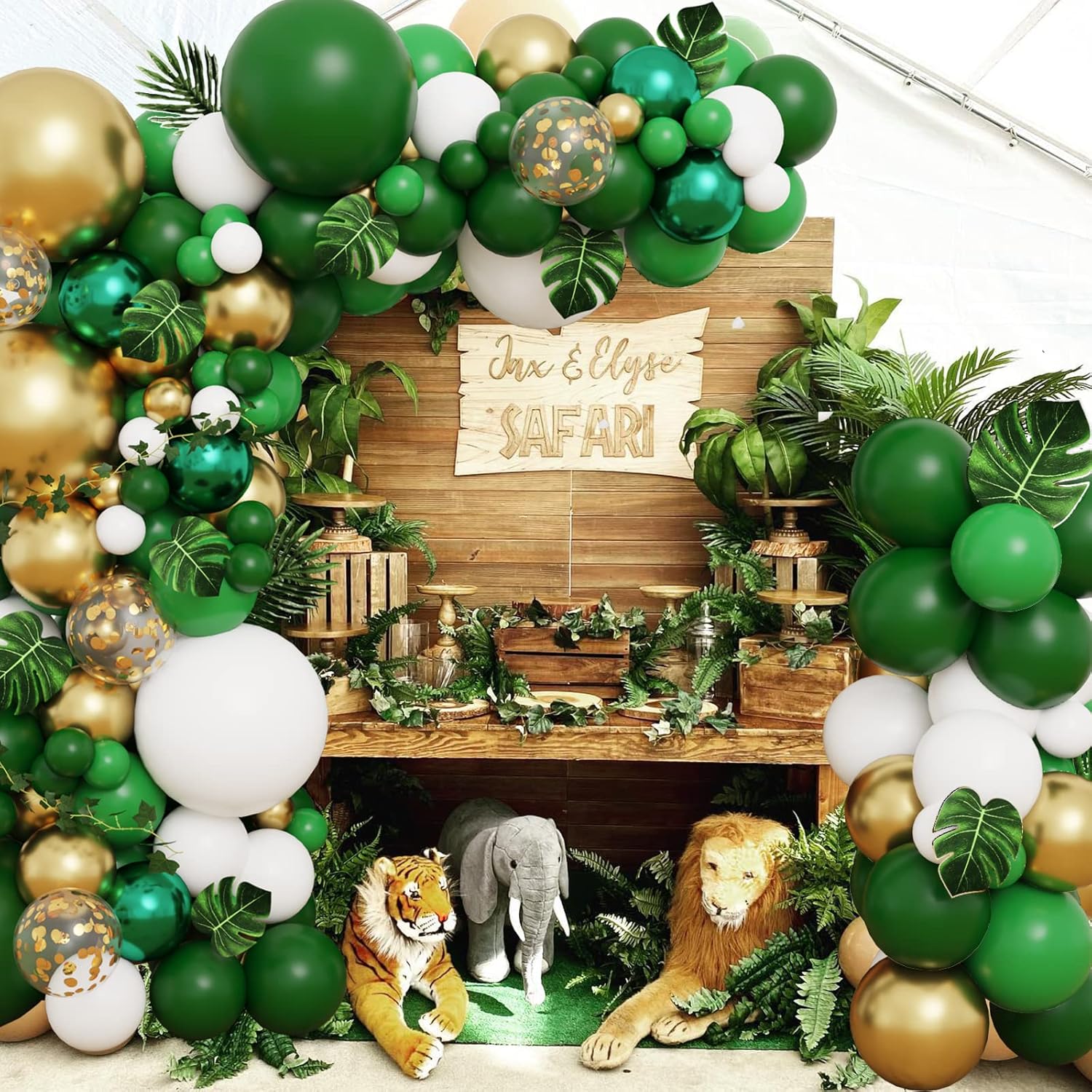 RUBFAC Jungle Balloons Garland Arch Kit - 152pcs Green & Gold Safari Decoration for Wild One Birthday