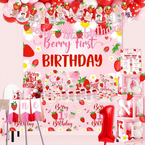 Berry First Birthday Decor Strawberry 1st Birthday Decorations Girls With Strawberry Decor Plates Napkins Balloons Strawberry Party Backdrop Banner Cake Toppers for Girl 1st birthday Decorations