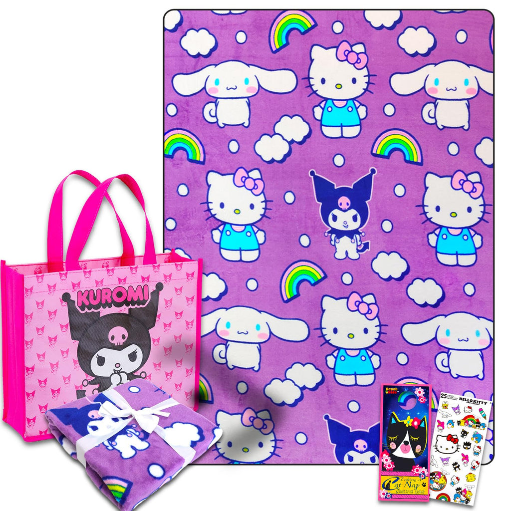 SANRIO Hello Kitty and Friends Fleece Blanket and Tote Bag Set for Kids, Adults - Bundle with Soft Hello Kitty, Cinnamoroll, Kuromi Blanket Plus Tote Bag, More | Cozy Fleece Blanket 50" X 70”