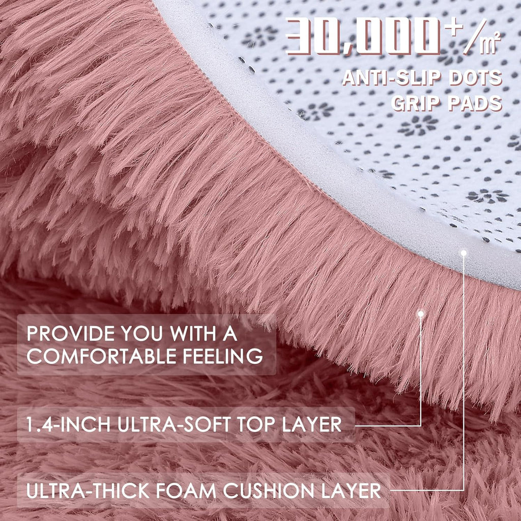 OLANLY Round Area Rug - Soft & Fluffy Pale Pink Shaggy Carpet | 5 ft Circle for Bedroom & Living Room Decor