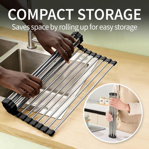 Yohslqo Dish Drying Rack with Roll Up and Over Sink for Kitchen 17"X11.8" (Black 17"x11.8")