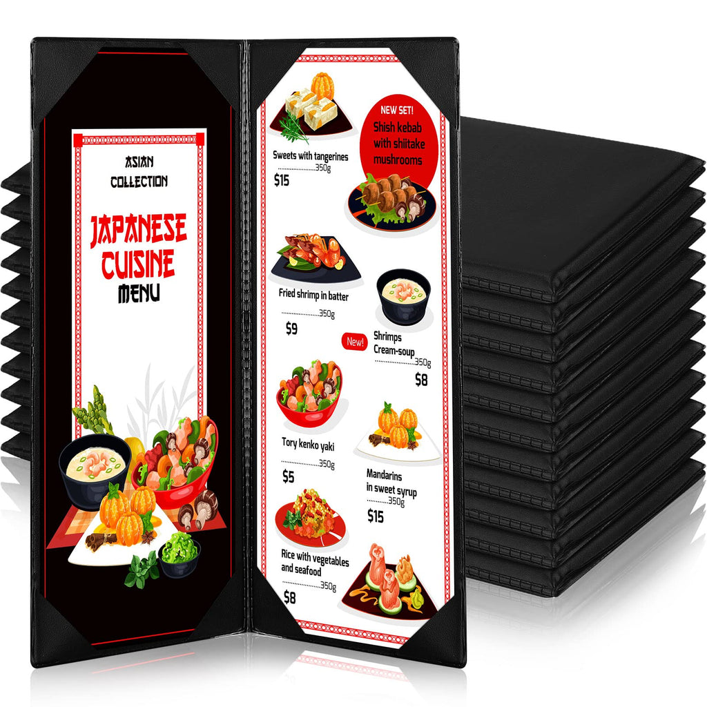 20 Pieces Black Menu Covers PVC Waterproof Restaurant Cafe Bar Fold Menu Book 2 View Double Fold Angled Corners Menu Covers for Wine Drinks Cafes List Covers Set, Fits 4.25 x 11 inches Menu
