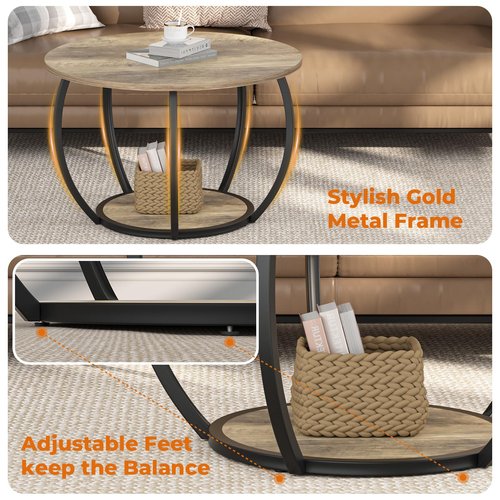 GreenForest Round Coffee Table with 2-Tier Open Storage, 27.6 inch Small Circle Coffee Tables with Adjustable Feet, Modern Mini Center Table for Small Living Room, Grey Wash