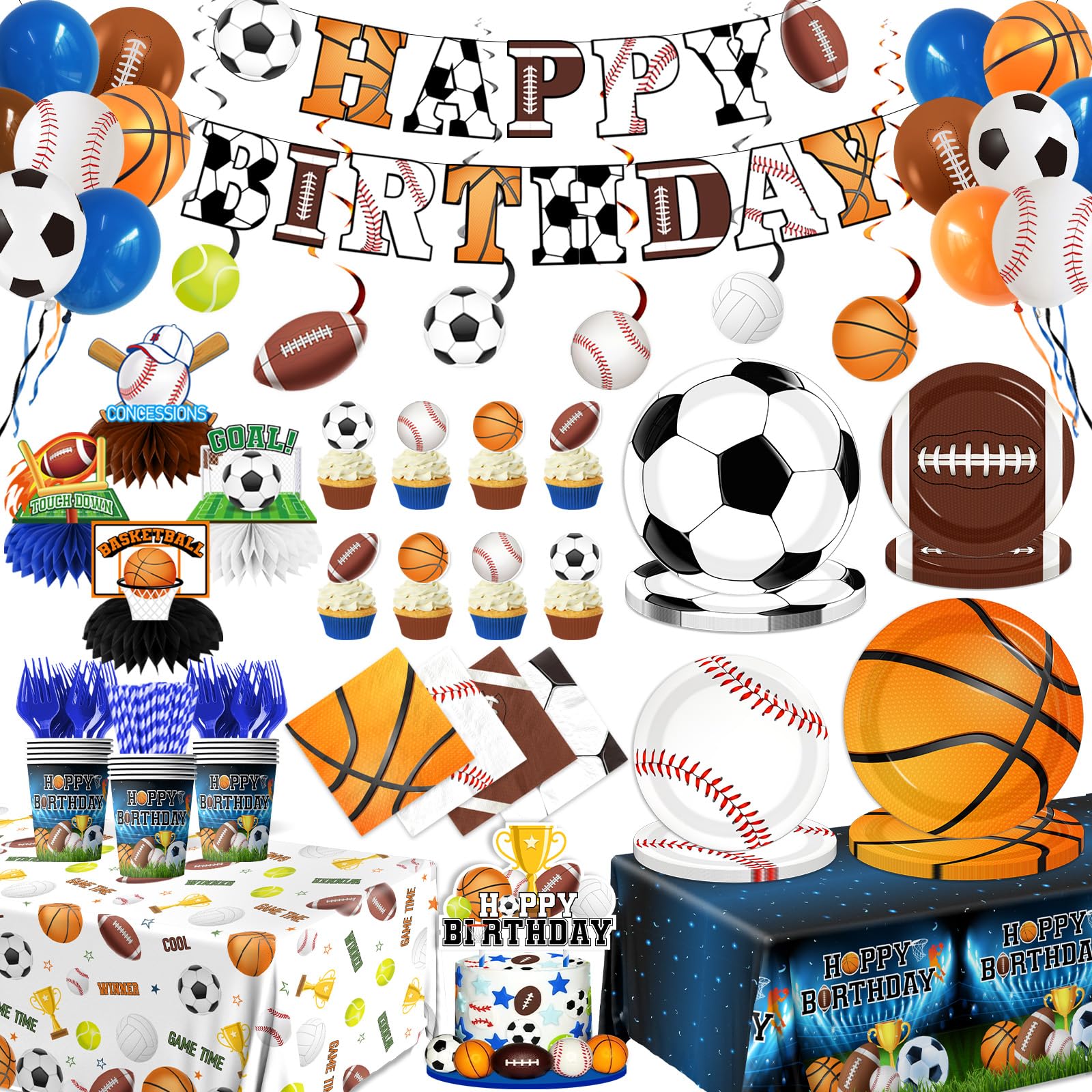 198Pcs Sports Birthday Decorations-Basketball Baseball Soccer Football Plates and Napkins Set Serves 24,Sports Theme Party Supplies