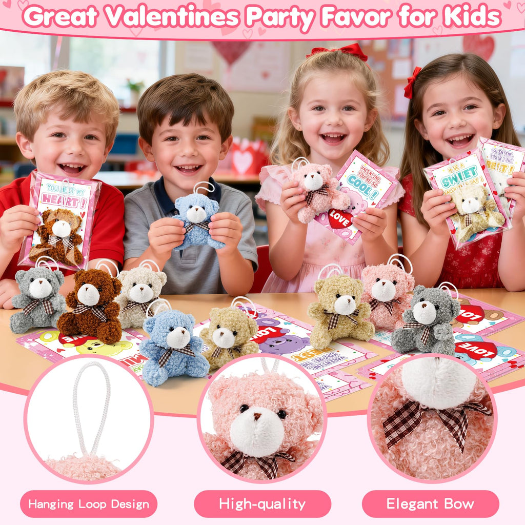 Jumlys Valentines Day Gifts for Kids, 24 Packs Valentines Day Cards with Stuffed Bear Toys, Valentine Day Party Favors for Boys Girls, Ideal Exchange Cards for Classroom