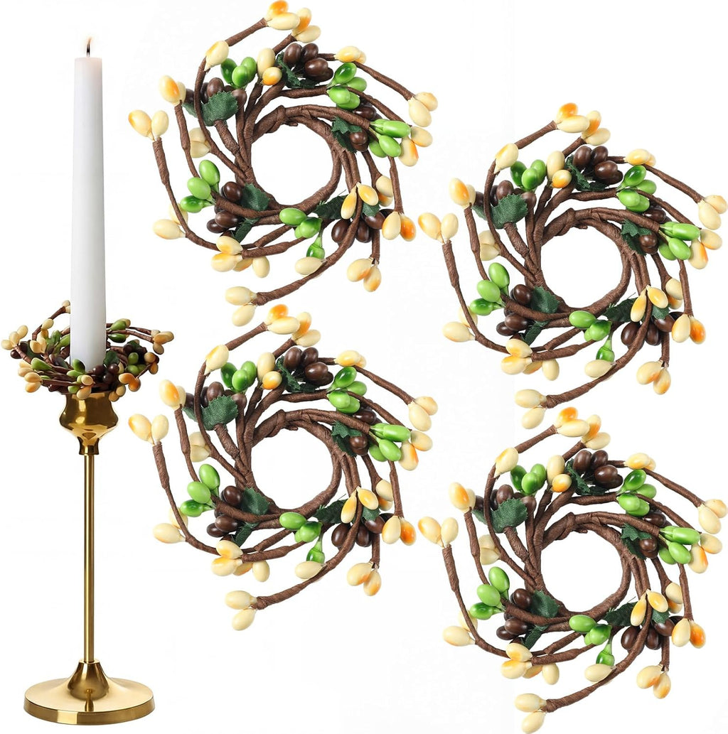 Suncalla Taper Candle Rings - 4 Pcs Mini Artificial Pip Berry Wreaths for Home Table Decor | 1.26''