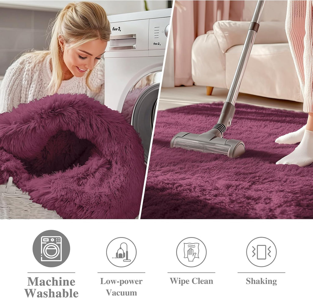 OLANLY Round Burgundy Area Rug - Soft, Fluffy, Machine Washable 5 ft Circle Carpet for Bedroom & Living Room Decor