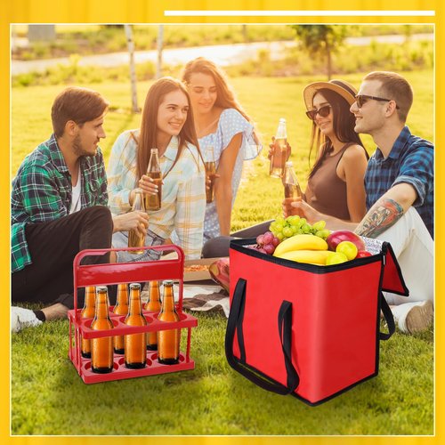LEIFEOSH Reusable 6 Cup Drink Carrier with Handle and Insulated Bag for Hot and Cold Drink/Food, Foldable Plastic Cup Holder and Large Capacity Insulated Food Bag for Travel and Delivery, Red