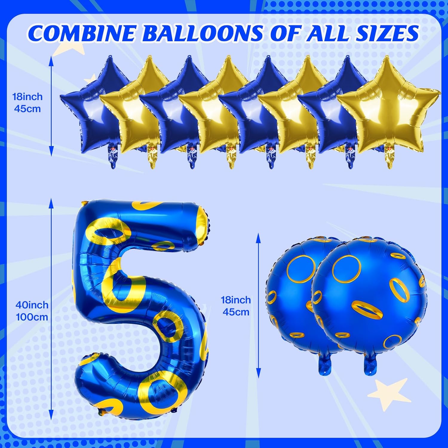 Regine Switzerland Number 5 Balloon - 40 Inch Blue & Gold Foil Helium Balloon for 5th Birthday Party Decor