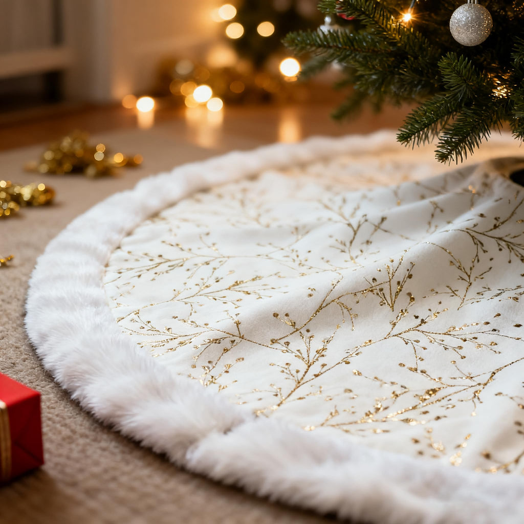 SYITCUN Christmas Tree Skirt, 48inch White and Gold Tree Skirt, Faux Fur Xmas Tree Skirt for 4 5 6 7 8 9 Ft Christmas Trees, Thicker Plush Christmas Tree Decorations