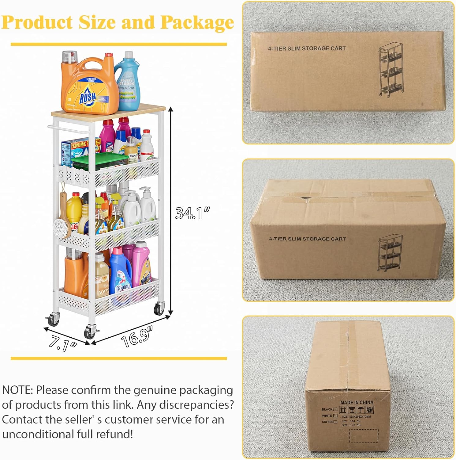 OKZEST Slim Rolling Storage Cart - 4 Tier Mobile Organizer with Wood Top for Kitchen & Bathroom