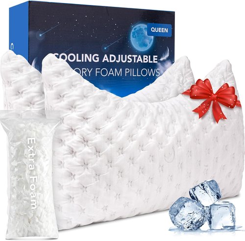 KUCEY Cooling Side Sleeper Pillow - Luxury Shredded Memory Foam for Neck & Shoulder Pain | Set of 2, Adjustable Queen Size, Washable Cover in Crescent White