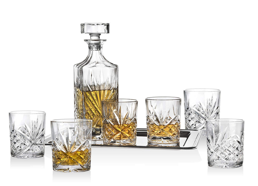 Godinger Dublin Whiskey Bar Set - Includes Whisky Decanter, 6 Old Fashioned Tumbler Glasses and Mirrored Display Tray