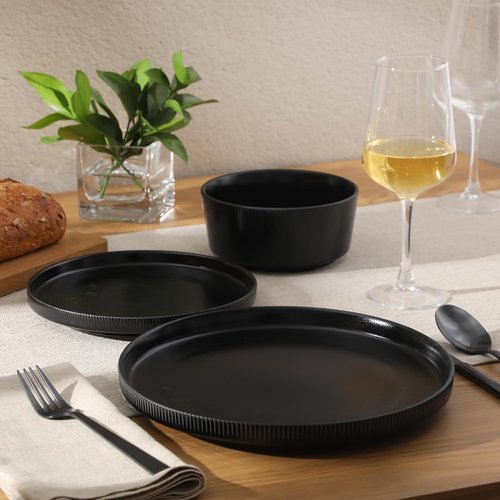 Gibson Home Dempsey Road 12-Piece Dinnerware Set - Modern Black Stoneware, Service for 4, Microwave & Dishwasher Safe
