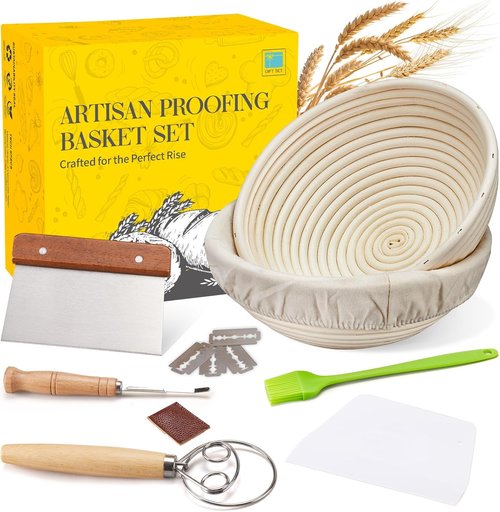 Dimpola Banneton Proofing Basket - Handmade Natural Rattan Round Dough Rising Basket Set for Artisan Breads