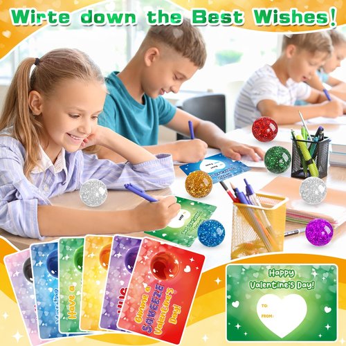 NEUBSAW 24 Packs Valentine's Day Cards with Gli-tter Stress Squishy Balls Toy for Classroom Exchange, Valentine's Gifts Party Favors for Boys Girls School, Valentine's Prizes for School