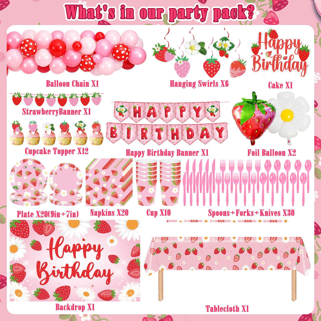 ZOYVUX Strawberry Birthday Decorations, Berry Party Decorations Including Balloon Arch Banner, Tablecloth, Backdrop, Cake Topper, Balloons, Hanging Swirls, Plates, Cups For Strawberry Themed Party