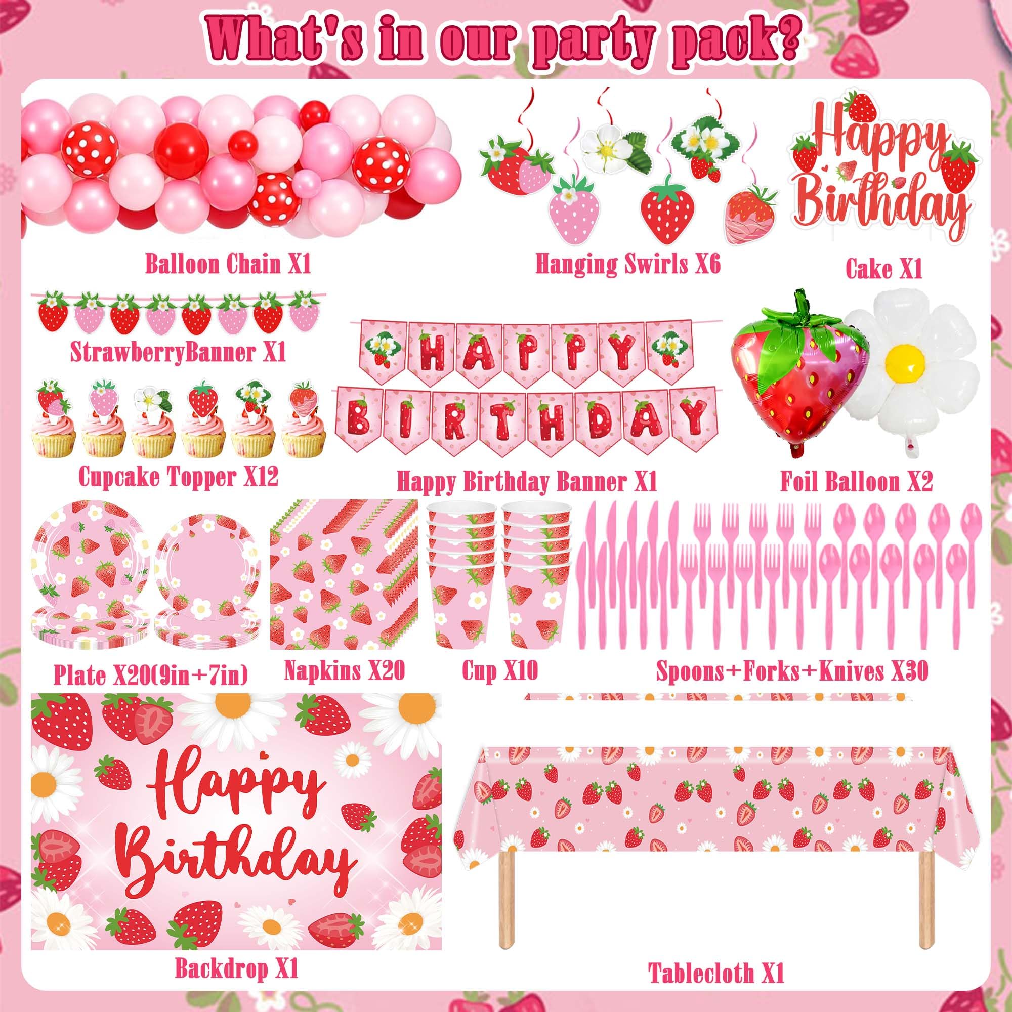 ZOYVUX Strawberry Birthday Decorations, Berry Party Decorations Including Balloon Arch Banner, Tablecloth, Backdrop, Cake Topper, Balloons, Hanging Swirls, Plates, Cups For Strawberry Themed Party