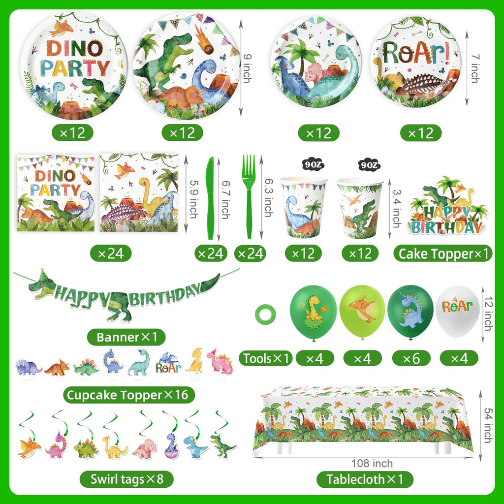 189 Pcs Dinosaur Birthday Party Supplies Set - Serves 24, Dino Decorations Kit with Banner, Balloons, Swirls, Cake Toppers, Tableware & Tablecloth
