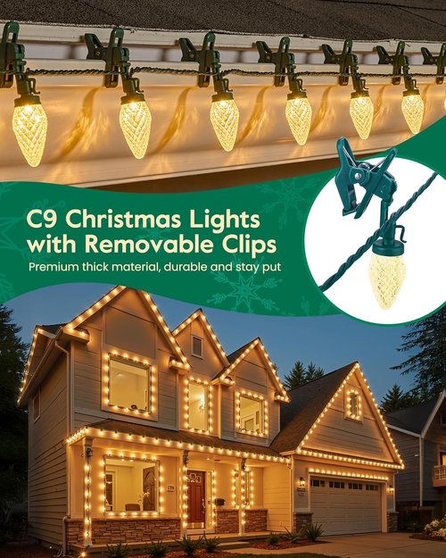 C9 Christmas Lights - 100 LED Waterproof String Lights for Outdoor Decor | 65FT Warm White with 100 Clips