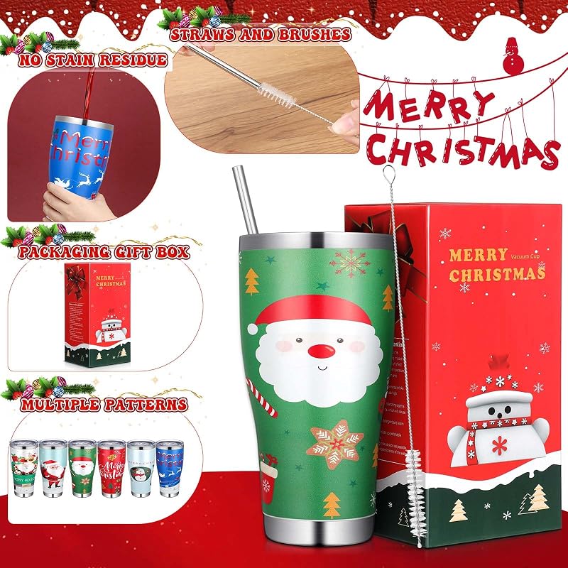 6 Pcs 30oz Christmas Tumblers Gift Set with Lids, Straws & Brushes - Cute Holiday Patterns - Variation of THIS listing