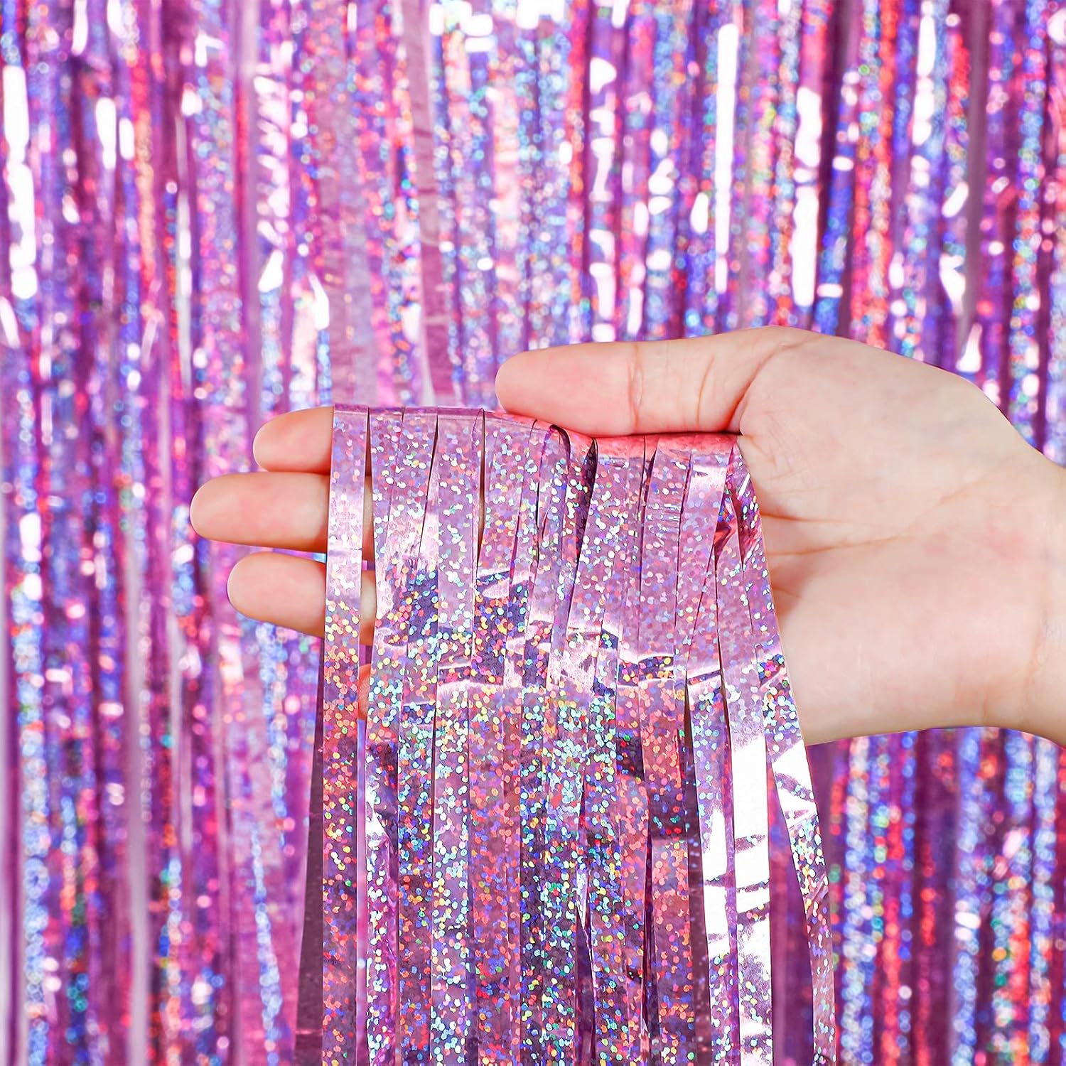 Skylety Purple Fringe Backdrop Curtains - 4 Pack Tinsel Foil Streamers for Party Decor | 3.2 x 8.2 Feet