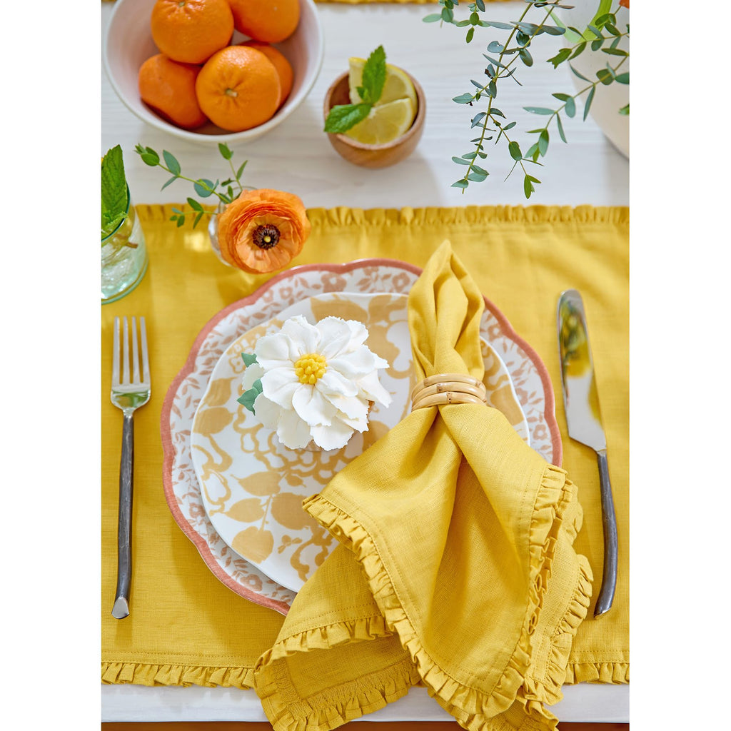 Solino Home Mustard Yellow Linen Dinner Napkins 20 x 20 Inch - 100% Pure Linen Juliette Ruffle Cloth Napkins Set of 4 for Spring, Summer, Mothers Day - Handcrafted and Machine Washable