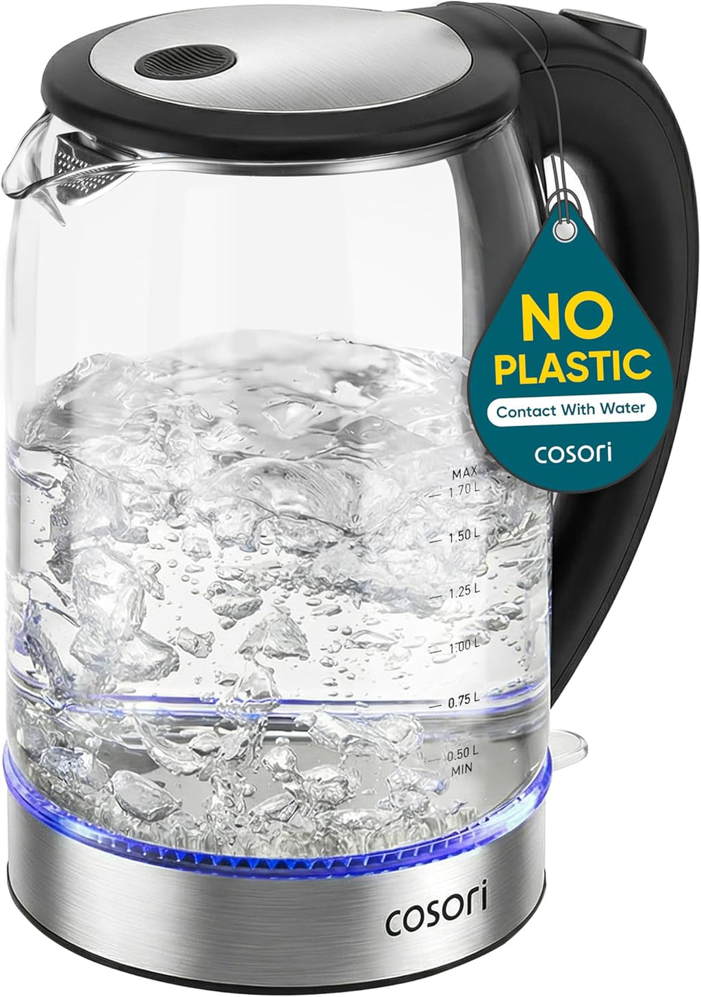 Cosori Electric Kettle - 1.7L Borosilicate Glass Tea Kettle | No Plastic Contact & Auto Shut Off, Black