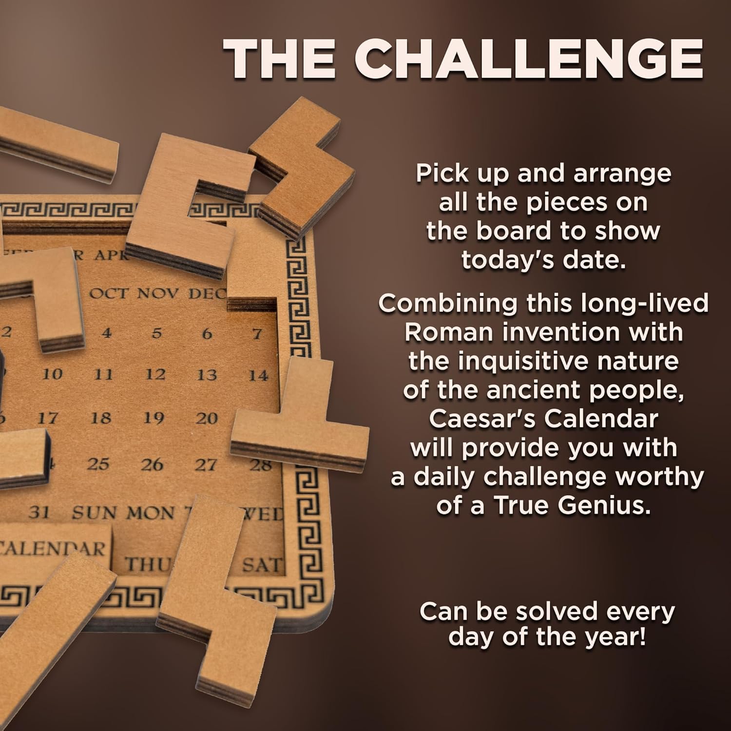 Project Genius Caesar's Calendar Wood Puzzle - 365+ Brainteasers for Adults & Kids 8+ | Unique Desk Challenge