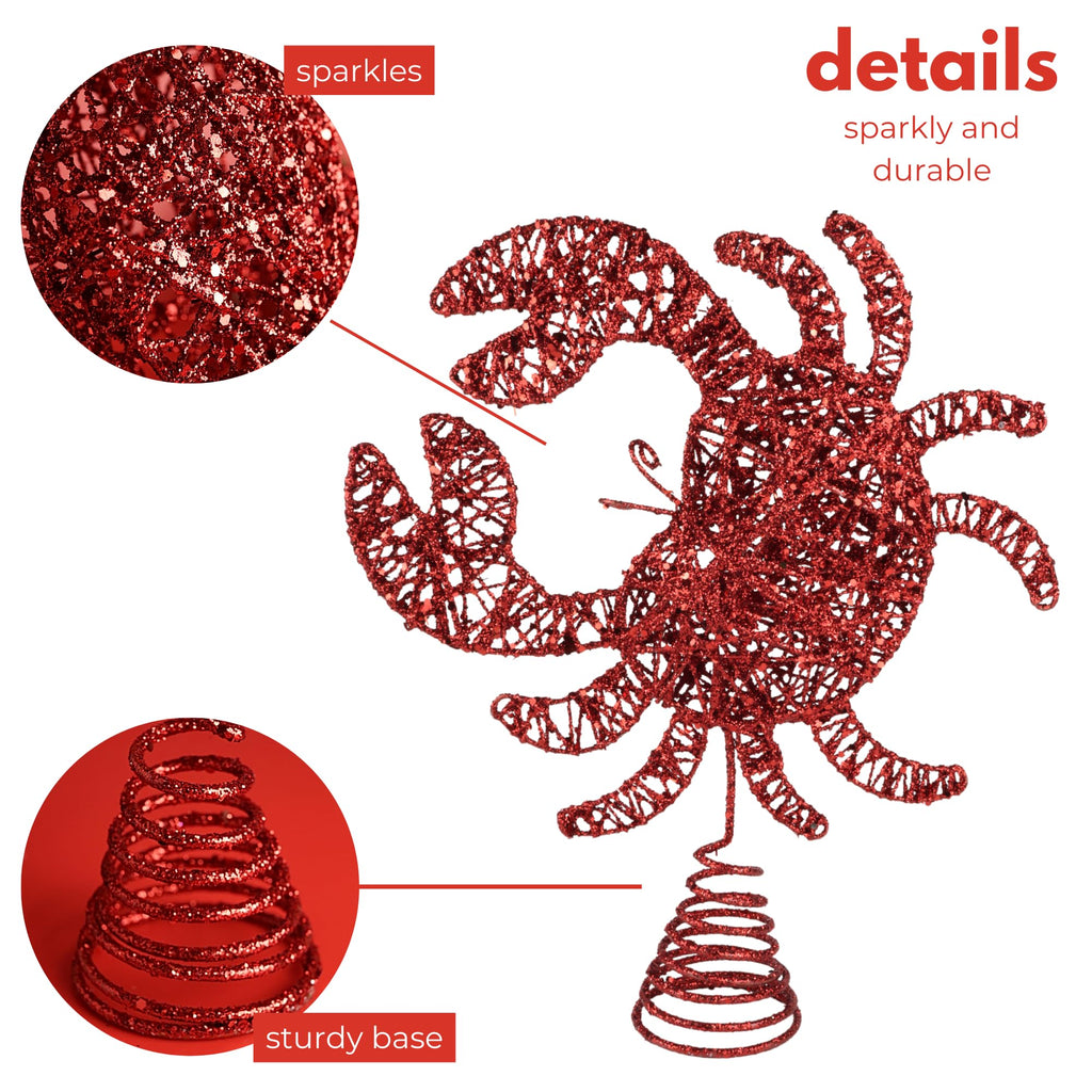 Needzo Nautical Christmas Tree Topper, Hollow Glittered Red Crab, Coastal Holiday Home Decor, 11 x 2.5 x 10 Inches