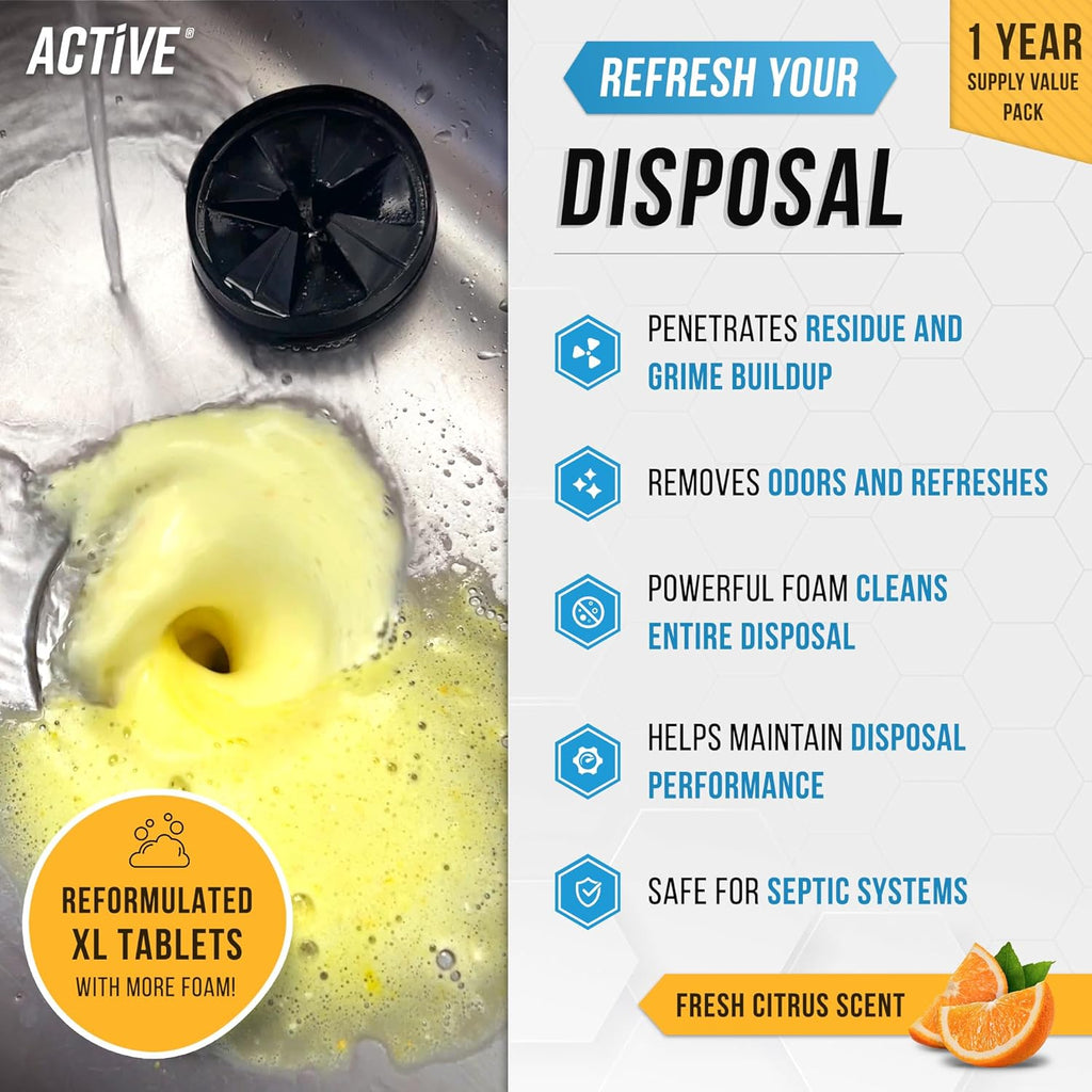 Powerful Garbage Disposal Cleaner Tablets by Fresh Citrus - 24 Pack XL Foaming Deodorizer for Kitchen Drain Care