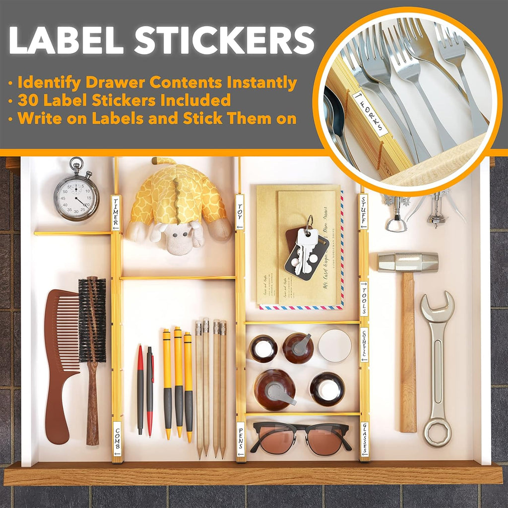 SpaceAid Bamboo Drawer Dividers - Adjustable Kitchen Organizers with Inserts & Labels | 4 Dividers (17"-22" Natural)