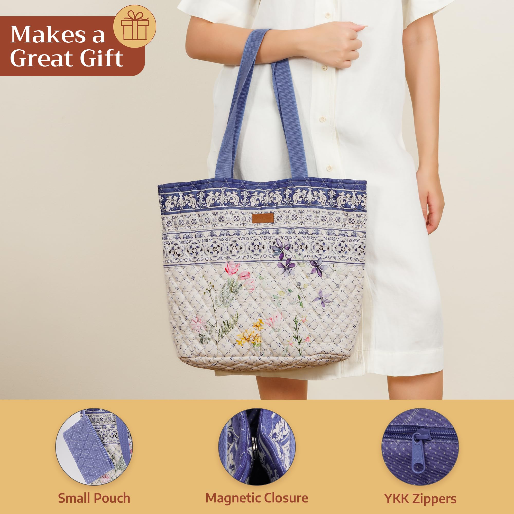 Maison d' Hermine Shopping Bags Cotton Quilted Tote Bag with Zipper Pockets & Small Pouch Reusable Shoulder Grocery Bag for Gifts Beach Travel Perfect for Mothers Day Gifts Men Women (Faience)