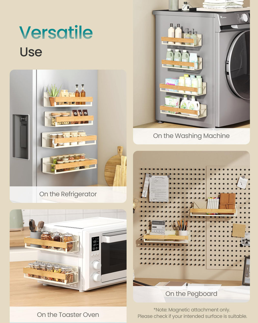 SONGMICS Magnetic Bamboo Spice Rack for Refrigerator, 4 Pack, 2 Large and 2 Small Kitchen Magnetic Shelves for Washing Machine, Spice Organizers, No Drilling Needed, Cream White UKCS062WD01