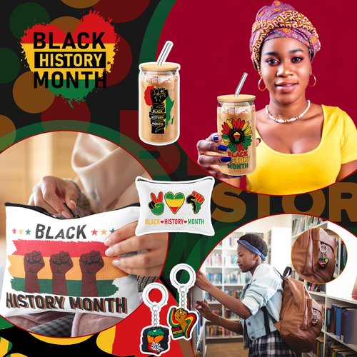 Funnymoom 18 Pcs Black History Month Gifts for Women Men 16 oz Black History Month Glasses Cups with Bamboo Lids and Straws African Flag Makeup Bags Juneteenth Rubber Keychain for Holiday Present