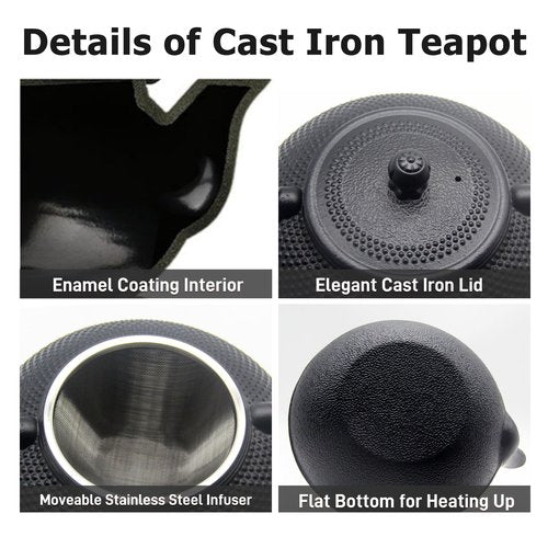 Big Cast Iron Teapot, Japanese Tetsubin Tea Kettle for Stovetop Safe, Cast Iron Teapot with Stainless Steel Infuser for Loose Tea and a Fully Enameled Interior (1500ml Tea Set with Cups)