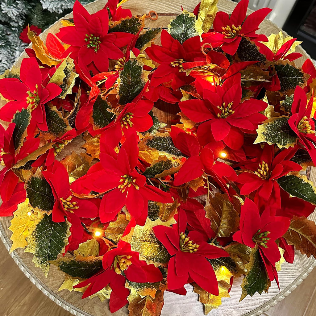 Glintoper 2 Pack Christmas Poinsettia Garland, 5.9 FT Lighted Artificial Garlands with 36 Red Flowers, Battery Operated with Timer Poinsettia String Lights, Light up for Xmas New Year Home Decor