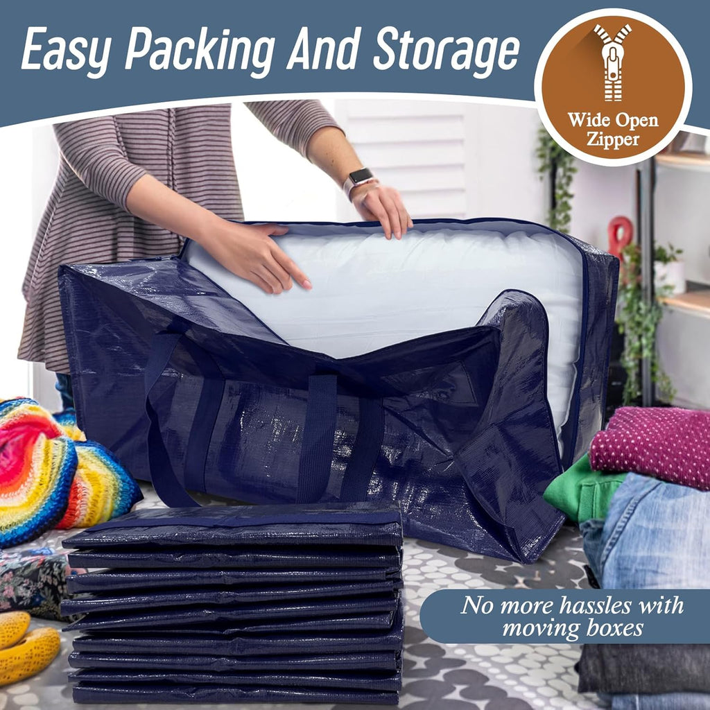 Skiennix 12 Pack Extra Heavy Duty Moving Bags - Strong Zipper & Comfortable Handles | Durable Dark Blue Storage Totes