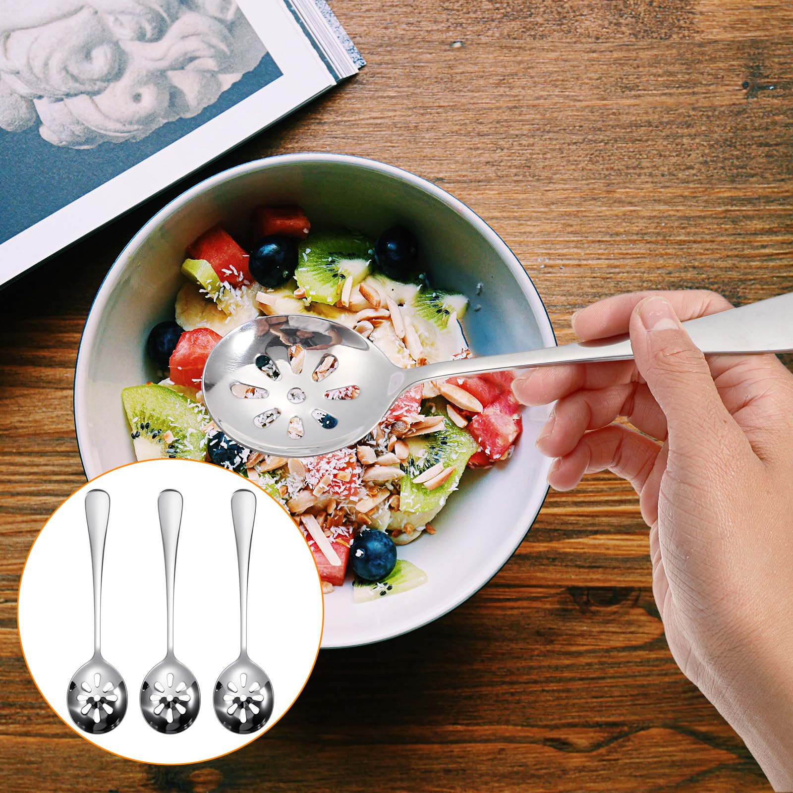 3Pcs Slotted Spoon, Stainless Steel Serving Spoons, Slotted Spoons for Cooking, 7.8 Inch Strainer Spoon for Buffets, Restaurants, Kitchens for Soups, Dips, Cereals(10 Holes)