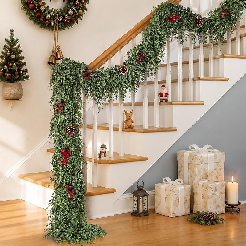 1Pcs 9FT Artificial Cedar Garland for Mantle Decor - Lifelike Touch, Christmas