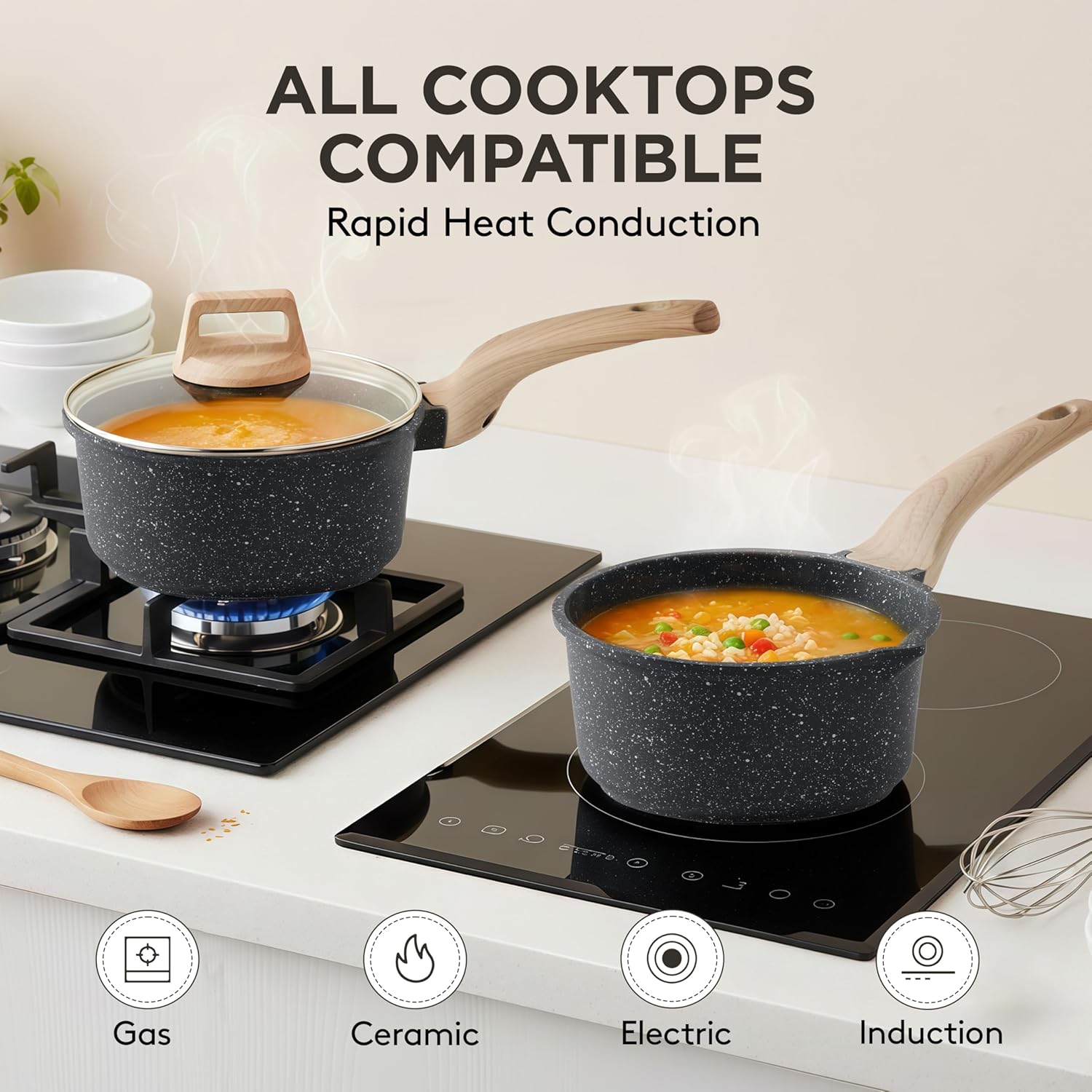Skiennix Non-Stick Sauce Pan - Lightweight 1.5Qt Cooking Pot with Glass Lid | Induction Compatible