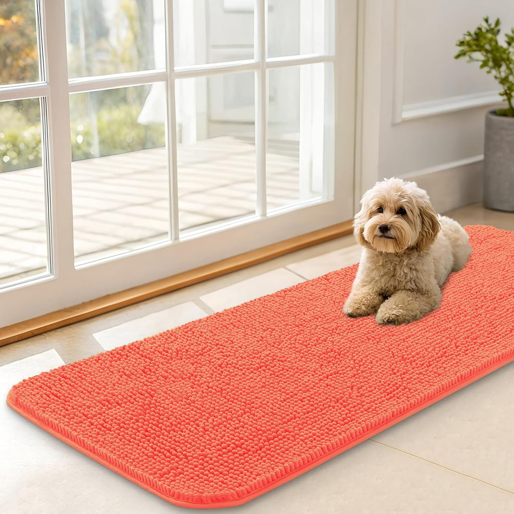 OLANLY Dog Door Mat - Absorbent Non-Slip Mud Mat for Indoor Use | Quick Dry Chenille, 47x17, Coral