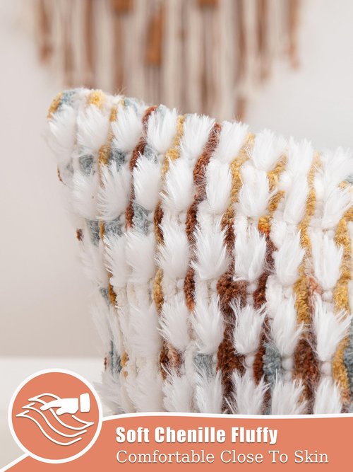 CATOLAT Boho Throw Pillow Covers Set of 2-18x18 Inch Farmhouse Tufted Pillow Covers Neutral Chenille Boho Throw Pillows, Accent Fluffy Pillow Cases for Couch Living Room Bed Sofa, Yellow and White