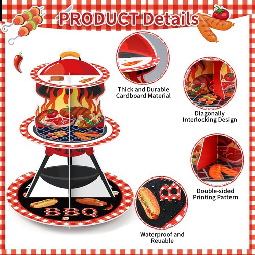 Widecook 3 Tier BBQ Party Cake Stand Decoration Barbecue Theme Summer Cupcake Tower Baby Q Table Decoration Red and Black Gingham Cake Holder for Summer Picnic Camping BBQ Baby Shower Party Supplies