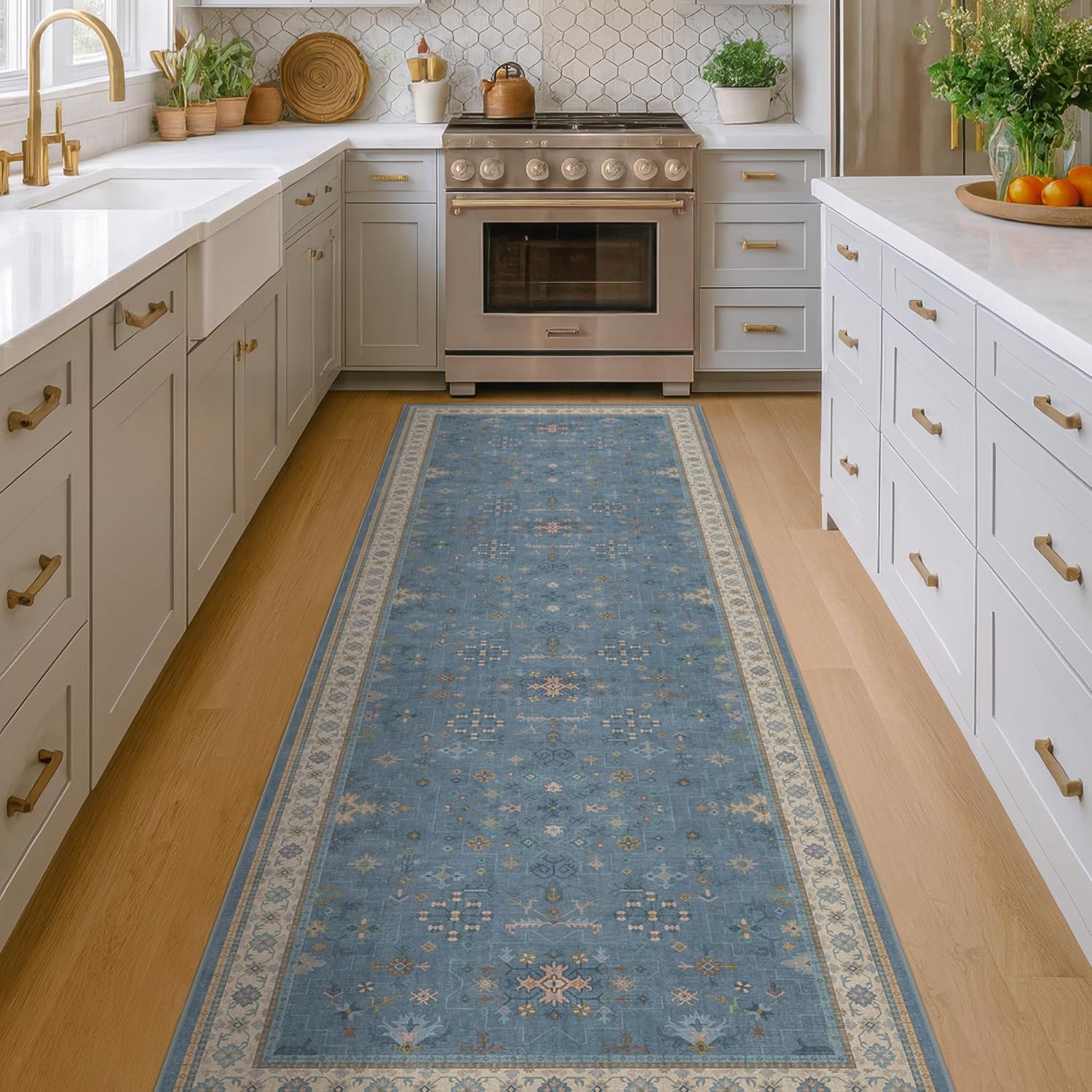 Boho 2'6" x 10' Wide Runner Rug - Light Blue Washable Non-Slip Hallway Décor