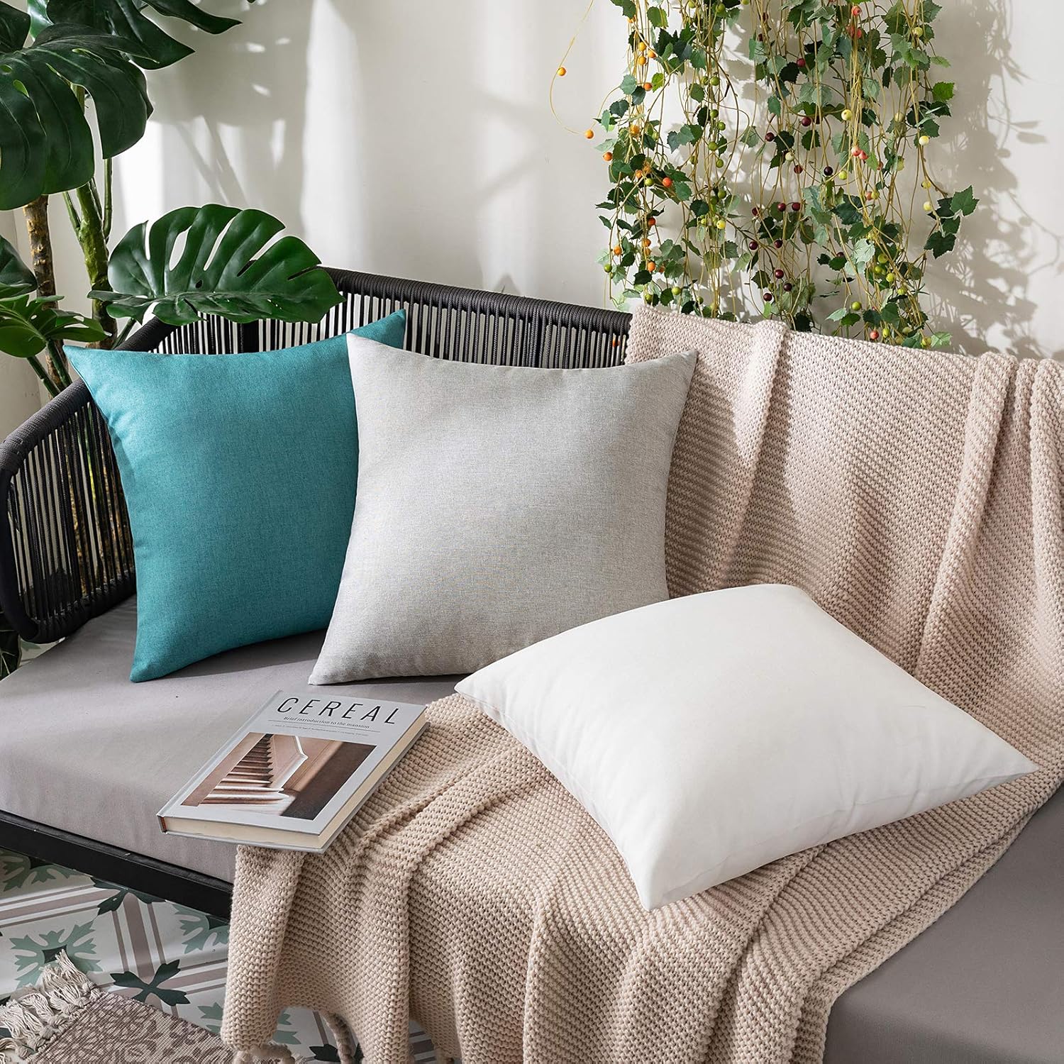 MIULEE Decorative Outdoor Throw Pillow Covers - Waterproof Faux Linen Cushion Cases | 22x22 Inch White (Pack of 2)
